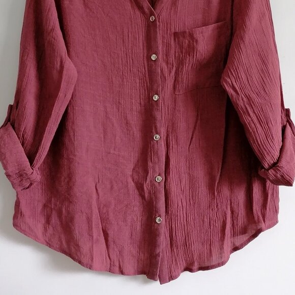Parallel Skies Women's Maroon Red Ruffle Comfy Roll Tab Sleeve Shirt Size XL - Picture 3 of 8